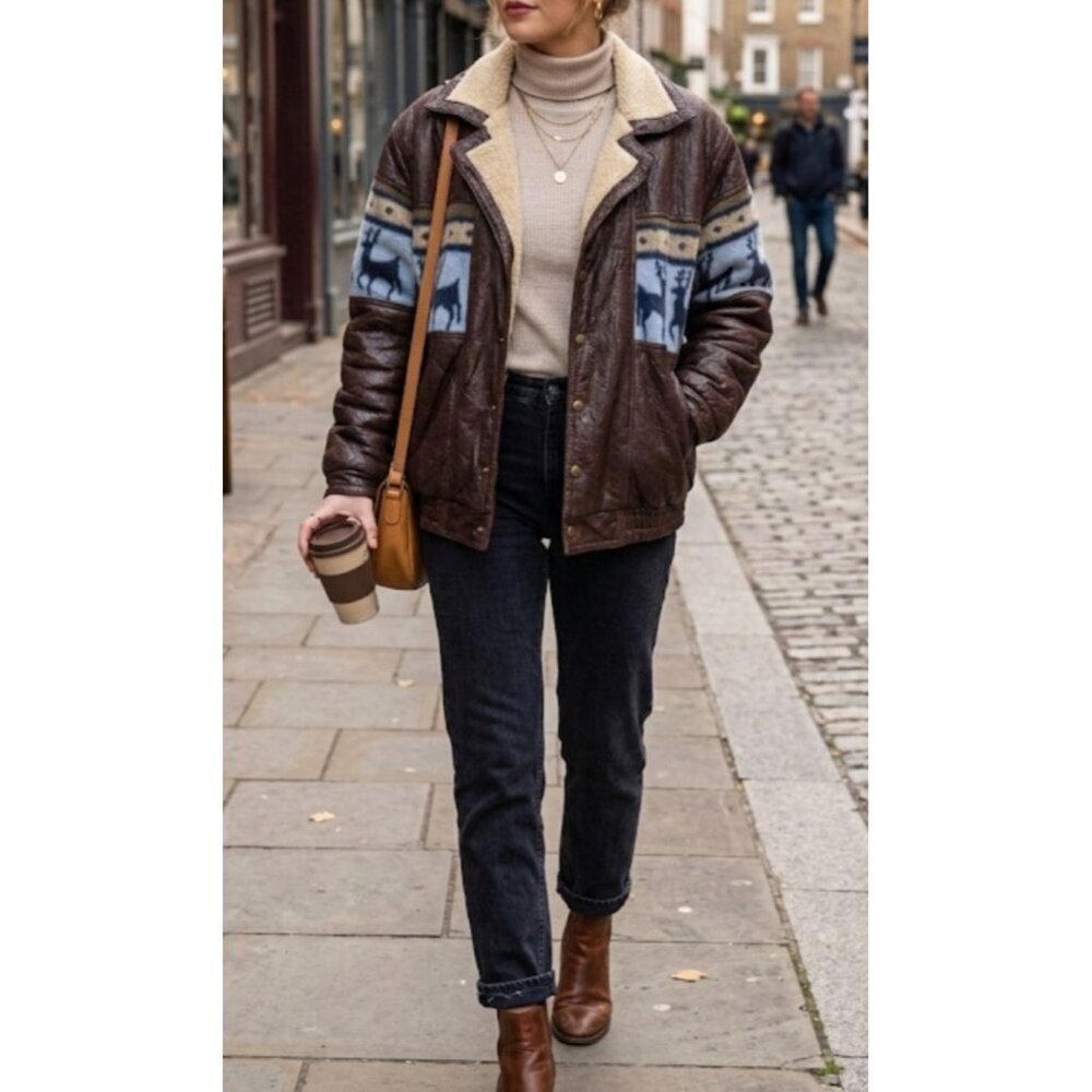 Vintage Brown Leather Bomber Jacket Navajo Sherpa